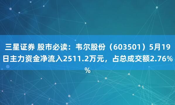 三星证券 股市必读：韦尔股份（603501）5月19日主力资金净流入2511.2万元，占总成交额2.76%